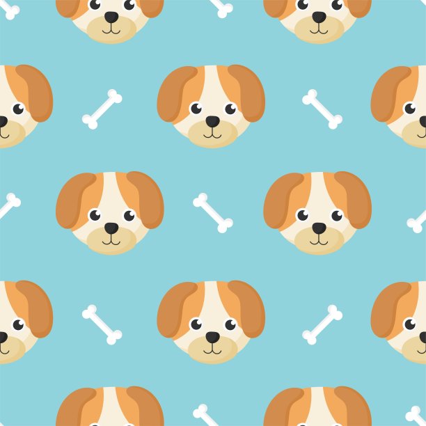 可爱的无缝模式与卡通小狗和骨头的孩子。蓝色背景上的动物。矢量插图。图片下载