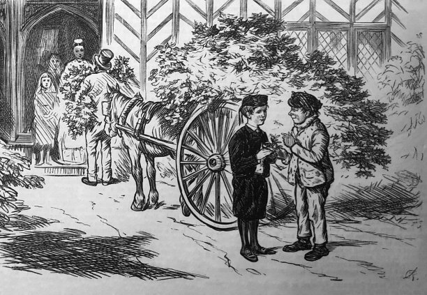 英国讽刺漫画漫画插图-一个人驾着一辆马车运送槲寄生树枝-两个年轻人在马车后面交谈-一群人在门口迎接小贩图片下载