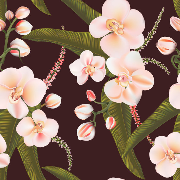 牡丹粉红玫瑰艺术植物粉红色背景，玫瑰米色草甸花卉无缝面料设计，纺织品，兰科墙纸在黑暗色调图片下载