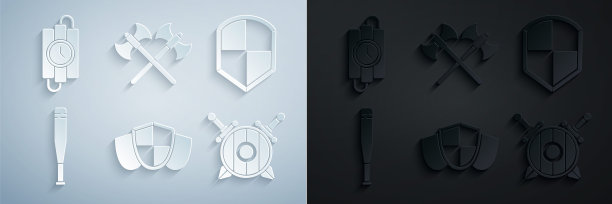 设置盾牌，棒球棒，木制盾交叉剑，交叉中世纪的斧头和炸药棒和计时器图标。向量图片下载