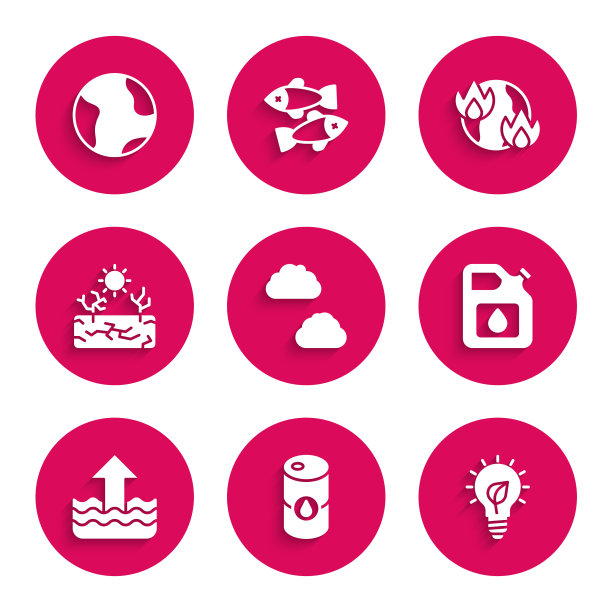 集云，桶油，灯泡与叶子，罐汽油，上升的水位，干旱，全球变暖火灾和地球地球图标。向量图片下载