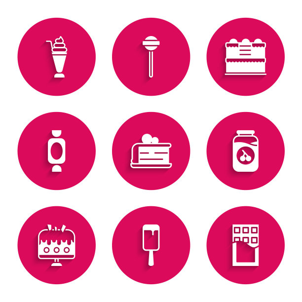 设置一块蛋糕，冰淇淋，巧克力棒，樱桃果酱罐，蛋糕在盘子，糖果，和奶昔图标。向量图片下载