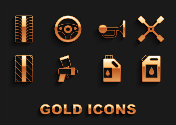 设置喷漆枪，车轮扳手，机油罐，汽车轮胎轮子，车辆信号喇叭和转向图标。向量图片下载