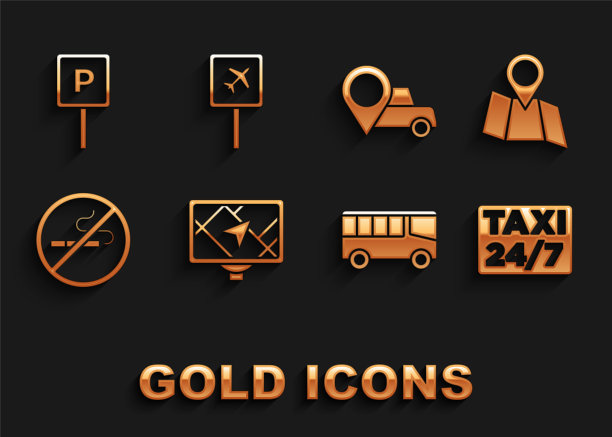 设置Gps设备与地图，折叠位置，位置出租车，巴士，禁止吸烟，停车场和机场图标。向量图片下载
