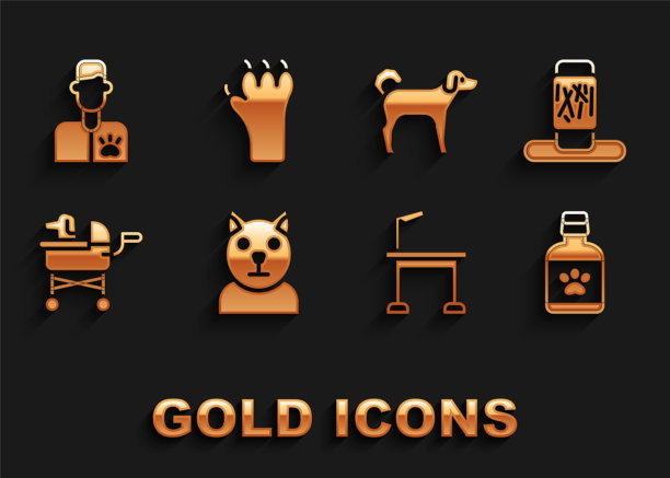 设置猫，抓杆，狗药瓶，宠物梳妆台，婴儿车，兽医医生和爪子印图标。向量图片下载