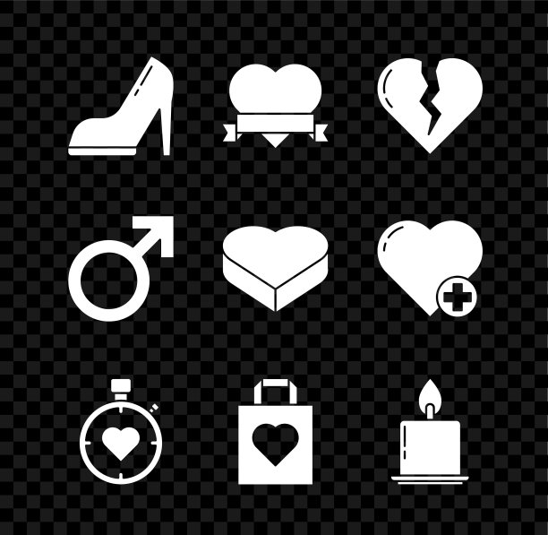 女人高跟鞋，心和丝带，破碎的心或离婚，在中间秒表，购物袋，燃烧的蜡烛，男性性别符号和糖果形状的盒子图标。向量图片下载