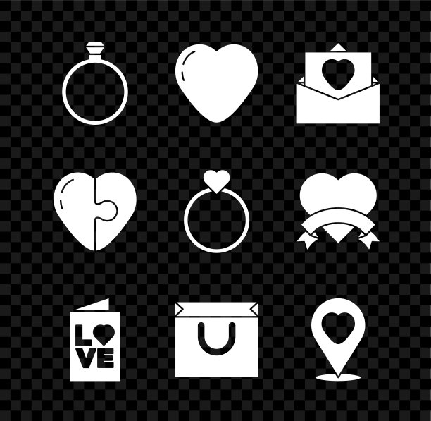 钻石订婚戒指，心，信封与情人节的心，情人节派对传单，购物袋，地点，和结婚戒指图标。向量图片下载