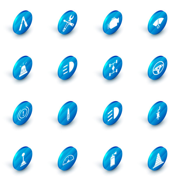 设置螺丝刀和扳手工具，检查发动机，速度表，闪光警报器，刹车系统警告，远光灯，方向盘和底盘汽车图标。向量图片下载