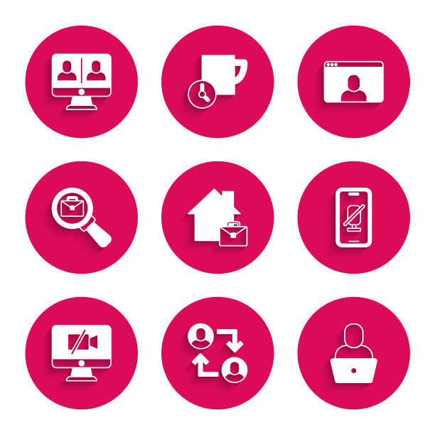 设置在线工作，项目团队基地，自由职业者，手机静音麦克风，电脑下的视频摄像头，带公文包的放大镜，聊天会议和图标。向量图片下载