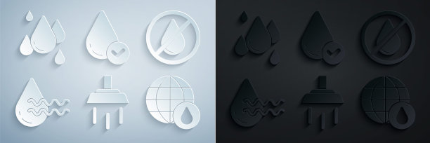 设置淋浴，禁止滴水，回收干净的水，地球在水中，图标。向量图片下载