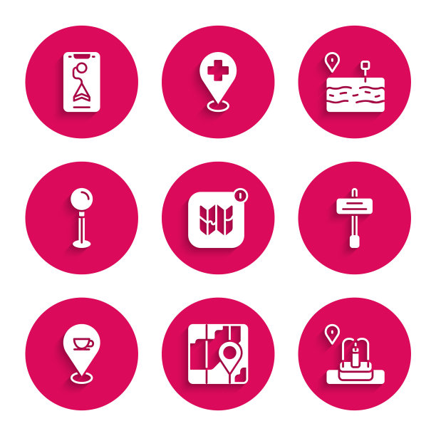 设置城市地图信息图，城市导航，喷泉位置，道路交通标志，咖啡杯，推针，破碎的道路和图标。向量图片下载