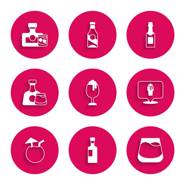 啤酒，酒瓶，威士忌，酒精或酒吧位置，椰子鸡尾酒，威士忌和玻璃杯，香槟和图标。向量图片下载