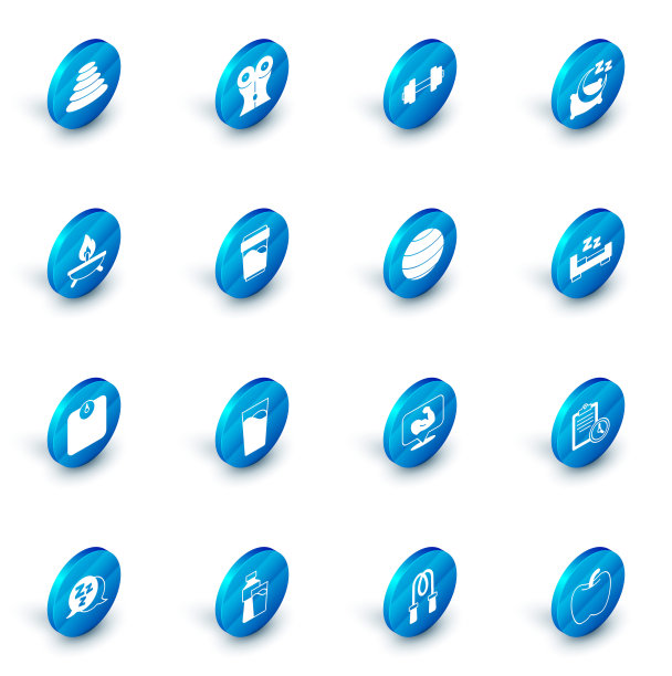 设置女人腰，哑铃，睡觉时间，芳香蜡烛，浴室秤，水杯，健身球图标。向量图片下载