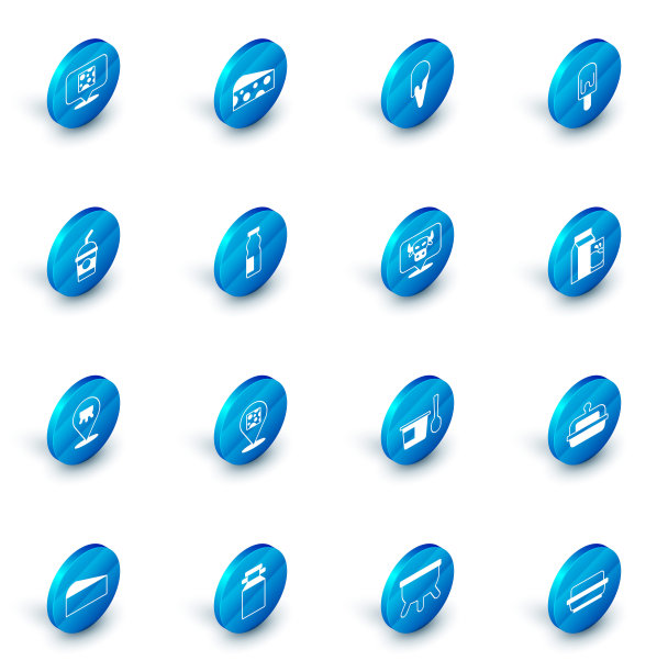 设置奶酪，冰淇淋在华夫蛋筒，奶昔，乳房，喝酸奶瓶，纸包装的开菲尔和牛头图标。向量图片下载