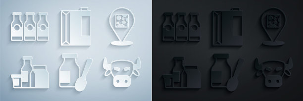 集喝酸奶瓶，奶酪，牛奶产品，牛头，纸包装的开菲尔和牛奶图标的瓶子。向量图片下载