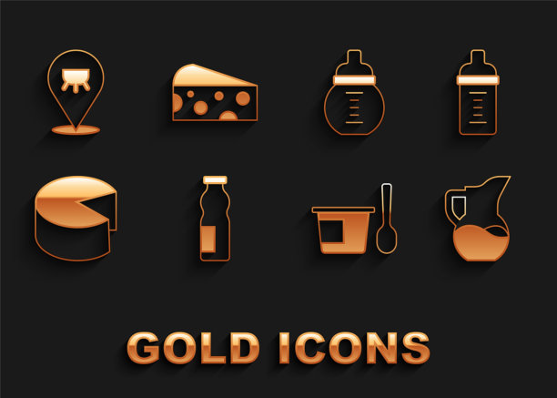 设置在瓶子里喝酸奶，婴儿牛奶，牛奶壶或罐子，酸奶容器与勺子，奶酪，乳房和图标。向量图片下载