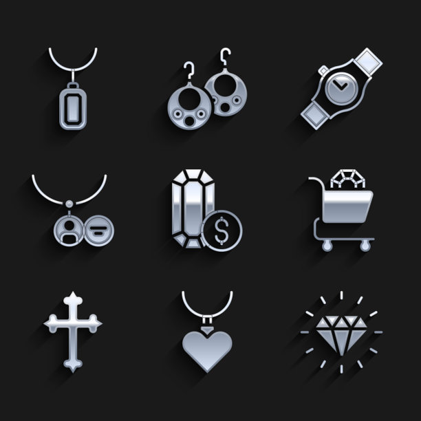 集珠宝网上购物，项链与心形吊坠，钻石，基督教十字架，吊坠项链，腕表和吊坠图标。向量图片下载