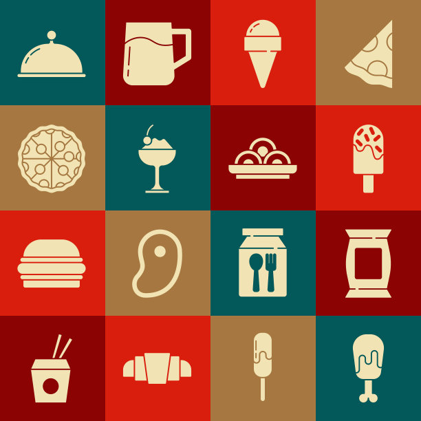 设置鸡腿，袋或包薯片，冰淇淋，在华夫饼筒，碗，披萨，覆盖托盘和亚洲面条图标。向量图片下载