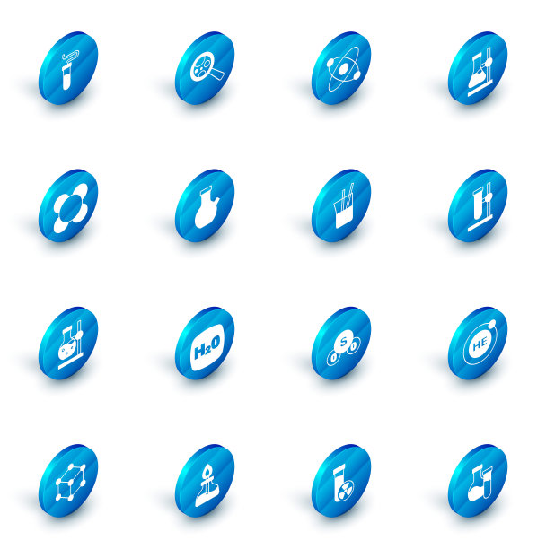 在放大镜下设置微生物，原子，试管烧瓶，分子和实验室玻璃器皿图标。向量图片下载