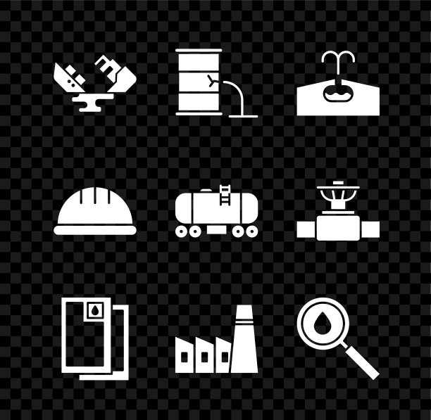 设置失事油轮船，桶泄漏，油田，工业工厂建筑，下降，工人安全帽和铁路水箱图标。向量图片下载