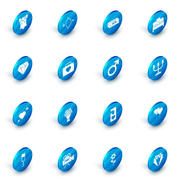 集弓箭，心形票，卧室，钻石，爱情符号，旅行箱，烛台和男性性别图标。向量图片下载