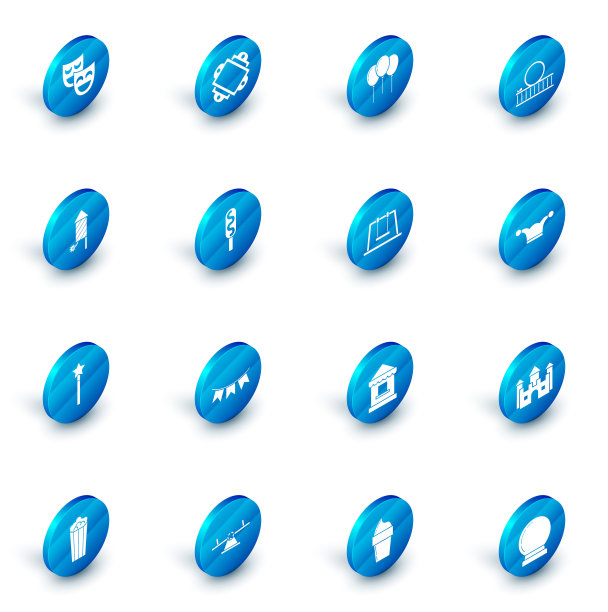 Set Ticket, balloon with ribbon, Roller coaster, fireworks rocket, Magic wand, Corn dog, Jester hat bells and Swing icon。向量图片下载