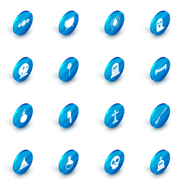 设置万圣节女巫坩埚，蜘蛛，幽灵，魔法球，炸弹准备爆炸，棒棒糖，吸血鬼牙齿和墓碑与RIP图标。向量图片下载