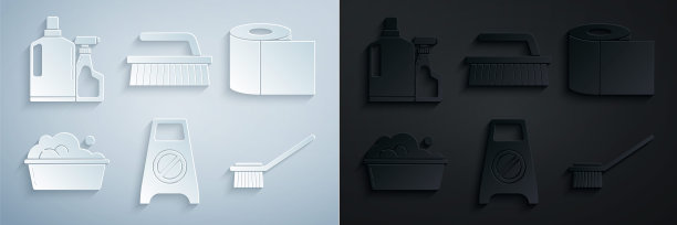 设置湿地板和清洁过程中，卫生纸卷，塑料盆与肥皂泡沫，刷，刷液和瓶子洗碗液图标。向量图片下载