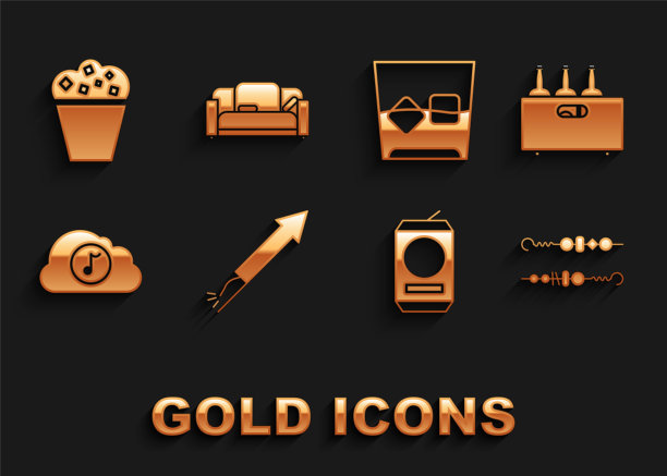 Set fireworks rocket, Bottles in a wooden box, Grilled shish kebab, Beer can, Music streaming service, Glass whiskey and cubes, Popcorn cardboard and Sofa icon。向量图片下载