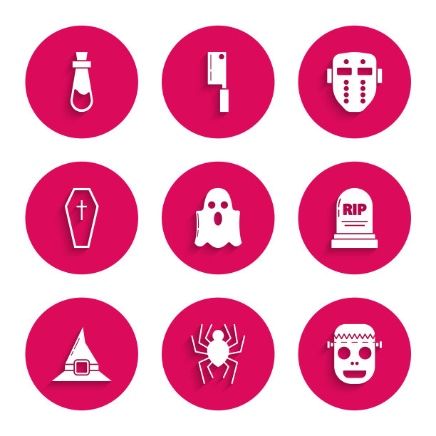 设置Ghost, Spider, Zombie mask, Tombstone with RIP, Witch hat, Coffin christian cross, Hockey and Bottle potion icon。向量图片下载