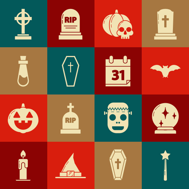 设置魔术棒，球，飞行球，南瓜骷髅，棺材与基督教十字架，瓶药水，墓碑和日历万圣节日期10月31日图标。向量图片下载