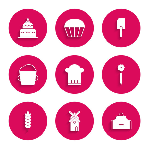 集厨师帽，风车，厨房围裙，披萨刀，谷物与大米，小麦，玉米，燕麦，黑麦，面包房碗面团，铲子和蛋糕图标。向量图片下载