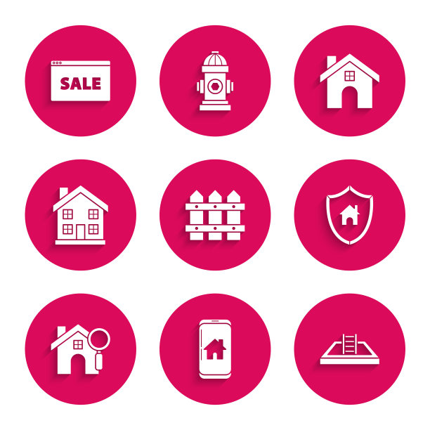 设置花园栅栏木制，手机与智能家居，游泳池梯子，房子盾牌，搜索房子，家的符号，和悬挂的标志文字在线销售图标。向量图片下载