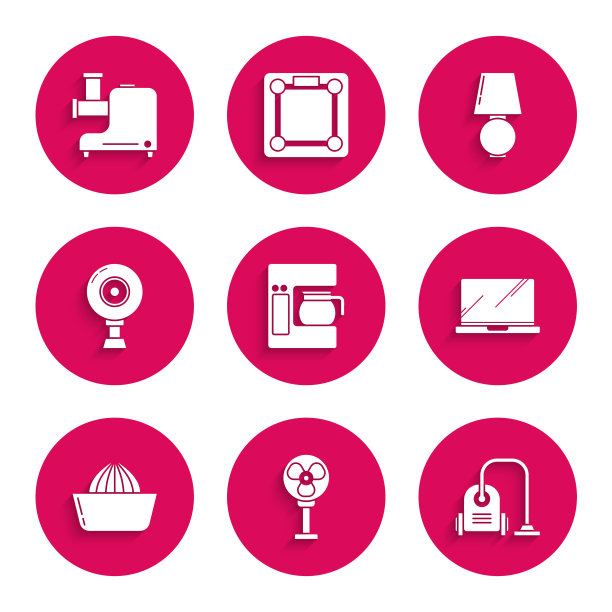 设置咖啡机玻璃壶，电风扇，吸尘器，笔记本电脑，柑橘果汁机，网络摄像头，台灯和厨房绞肉机图标。向量图片下载