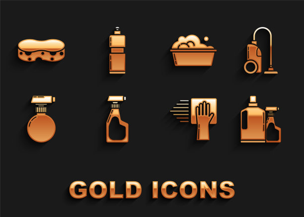 设置清洁喷雾瓶洗涤剂液体，吸尘器，塑料瓶洗碗，服务，盆肥皂泡沫，海绵和图标。向量图片下载