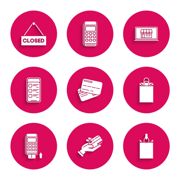 设置信用卡，人手握信用卡，纸质购物袋，Pos终端插入，手机在线，购物大楼屏幕笔记本电脑和悬挂标志文字关闭图标。向量图片下载