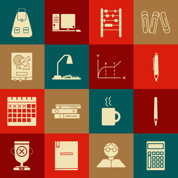 集合计算器，笔，算盘，工作场所与台灯和打开的书，板图形图表，学校背包和饼信息图标。向量图片下载