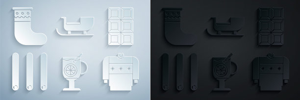 加入香料的热葡萄酒、巧克力棒、三根肉桂棒、圣诞毛衣、圣诞老人雪橇和长筒袜图标矢量素材图片下载