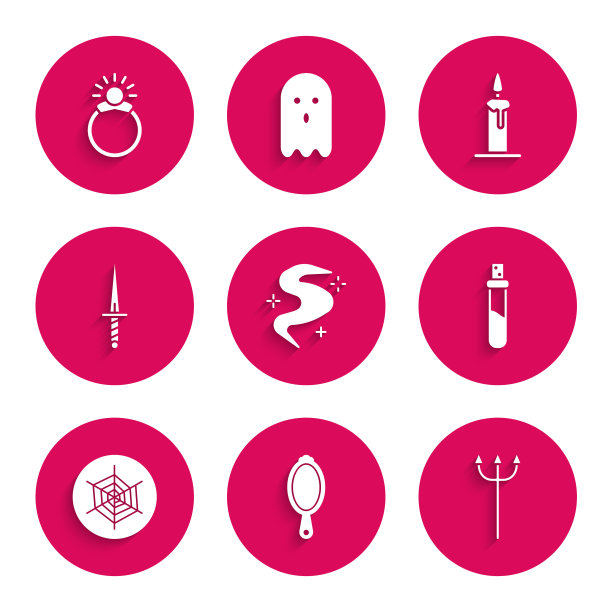 设置魔术雾或烟雾，手镜，海王星三叉戟，瓶子与爱情药水，蜘蛛网，匕首，燃烧的蜡烛在烛台和石头戒指宝石图标。向量图片下载