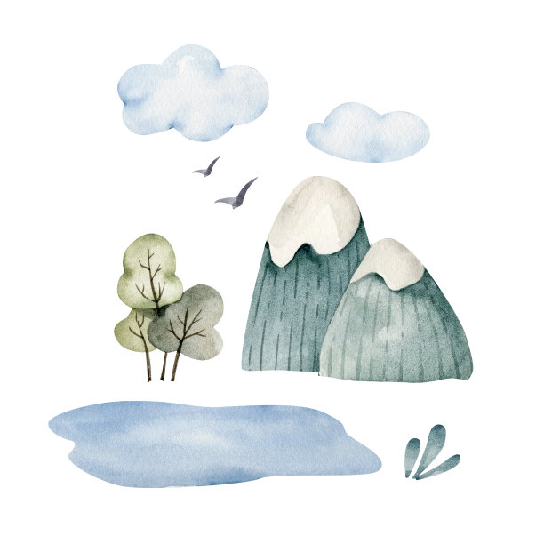 套水彩插图自然森林，山脉和景观。这是儿童房间设计和明信片的插图图片下载