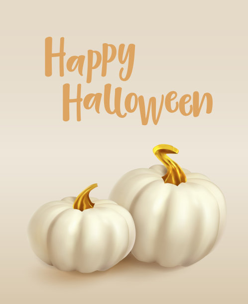 万圣节快乐海报。白色南瓜与金色的米色背景与文字万圣节快乐。时髦的南瓜适合你的设计。图片下载