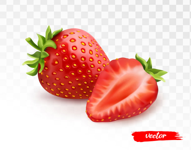 全草莓和半草莓，透明白色背景。草莓的三维现实的矢量插图。图片下载