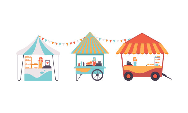 带条纹遮阳篷的公园亭和柜台上卖食物和小吃的女人矢量插图图片下载