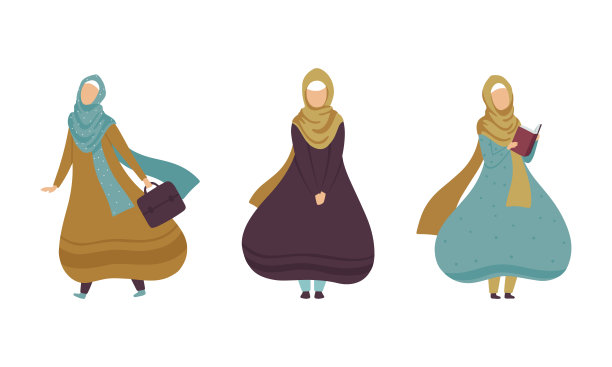 穆斯林妇女戴着头巾，拿着公文包，阅读书籍向量集图片下载