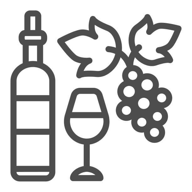 葡萄酒瓶、玻璃杯和一串葡萄线条图标，酿酒厂概念，白色背景上的满葡萄酒杯矢量标志，移动概念和网页设计的轮廓样式图标。矢量图形图片下载