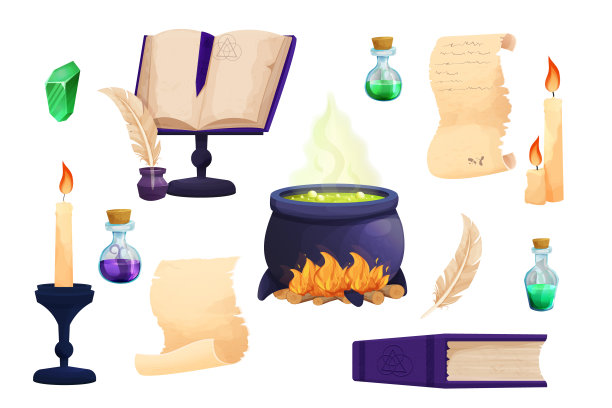 设置巫术工具魔法瓶液体药水，女巫坩埚，羊皮纸卷轴与羽毛笔，旧书，蜡烛卡通风格孤立在白色背景。炼金术的资产。矢量图图片下载