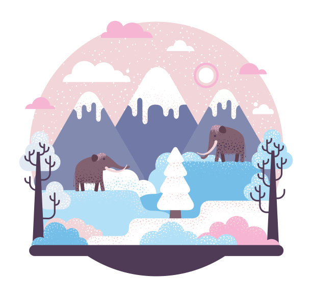 两只长毛象呆在冰川上。矢量插图与史前动物，冰山和雪覆盖的树图片下载