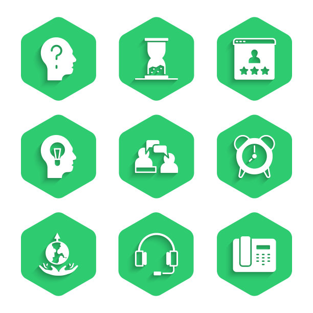 设置两个坐着的人谈话，耳机，电话24小时支持，闹钟，世界扩展，人类与灯泡，客户产品评级和问号图标。向量图片下载