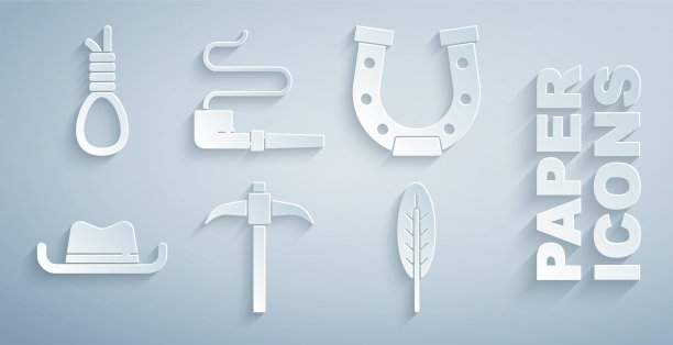 集鹤嘴锄，马蹄铁，西部牛仔帽，印第安羽毛，烟斗和绞刑架绳环挂图标。向量图片下载