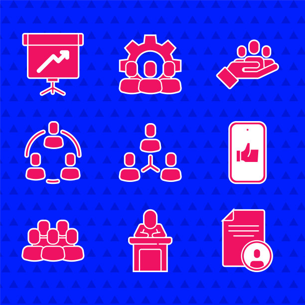 设置项目团队基地，发言人，简历，手像，搜索人员和黑板与图表图标。向量图片下载
